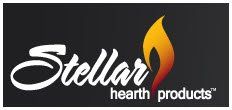 A logo for stellar hearth products with a flame on a black background.