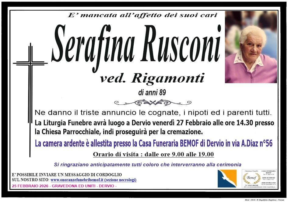 Necrologio Serafina Rusconi  - Dervio