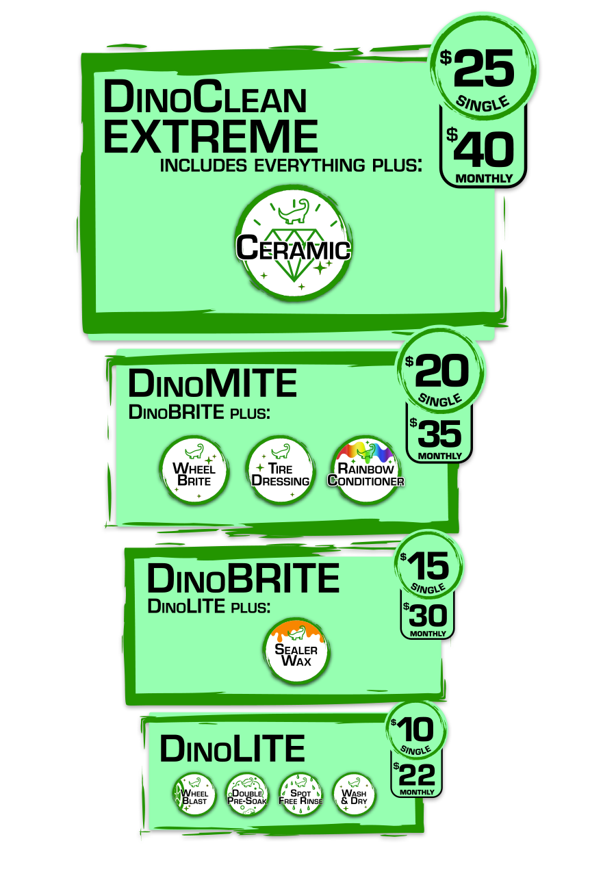 Dino Clean Car Wash carwash menu with four great wash packages