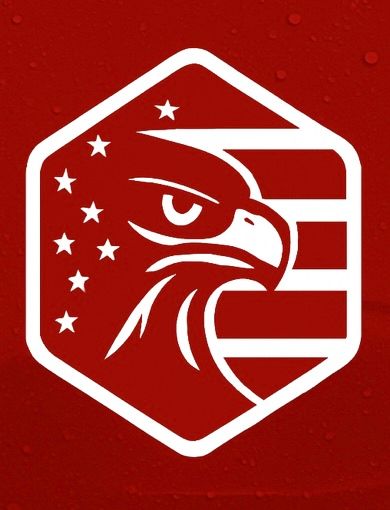 White eagle logo in a hexagon, with stars on a red background and U.S. flag stripes
