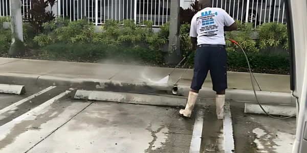 A man is using a high pressure washer to clean a parking lot.