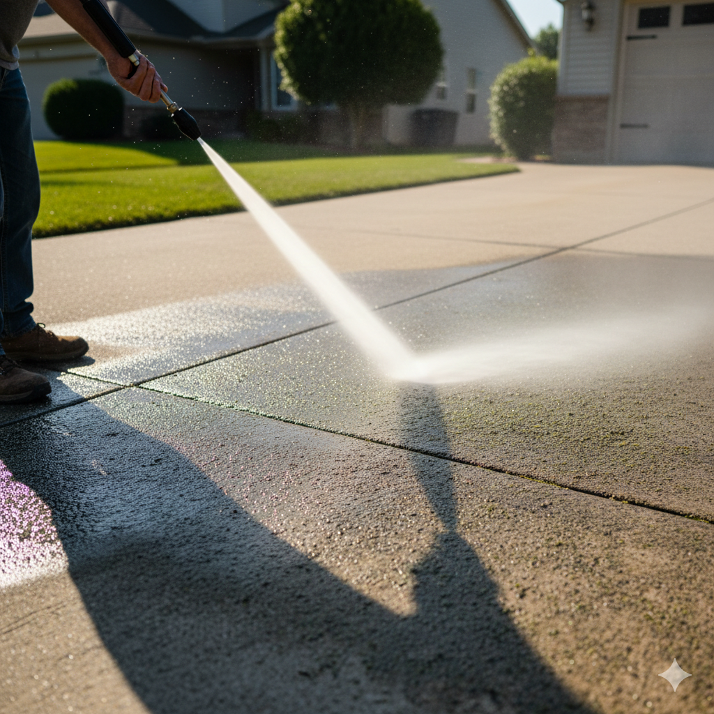 Person power washing a concrete driveway with a high-pressure hose, creating a spray of water in front of a house.