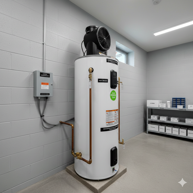 Water heater in a utility room. Copper pipes, control box, and a fan on top.