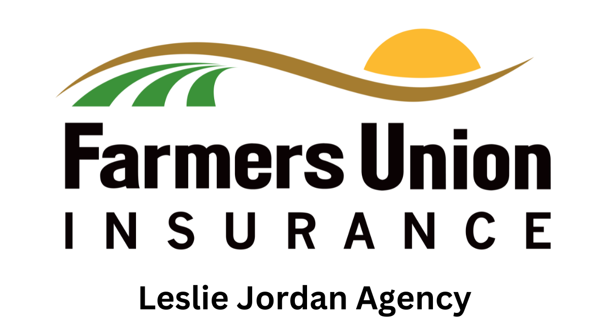The farmers union insurance Leslie Jordan agency logo has a sun and a field on it.