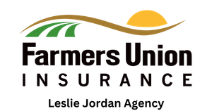 The farmers union insurance Leslie Jordan agency logo has a sun and a field on it.
