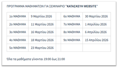 Πίνακας μαθημάτων σεμιναρίου δημιουργίας ιστοσελίδων με ημερομηνίες. Όλα τα μαθήματα είναι από τις 19:00 έως τις 21:00.