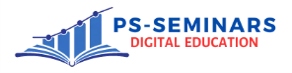 Λογότυπο για τα PS-Seminars με ένα μπλε βιβλίο, ένα αναπτυσσόμενο γράφημα και κείμενο «Ψηφιακή Εκπαίδευση».