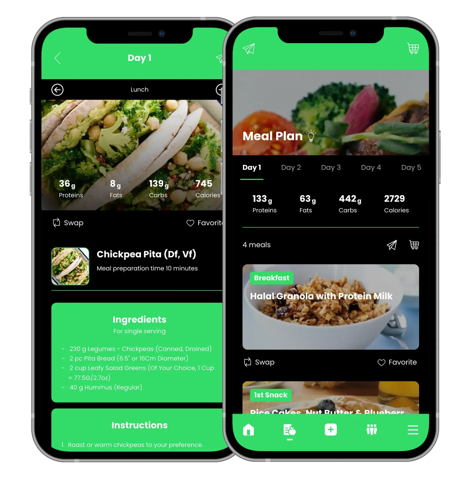 Two smartphones displaying a meal planning app. Green and black interface. One shows recipe details. The other shows meal plan overview.