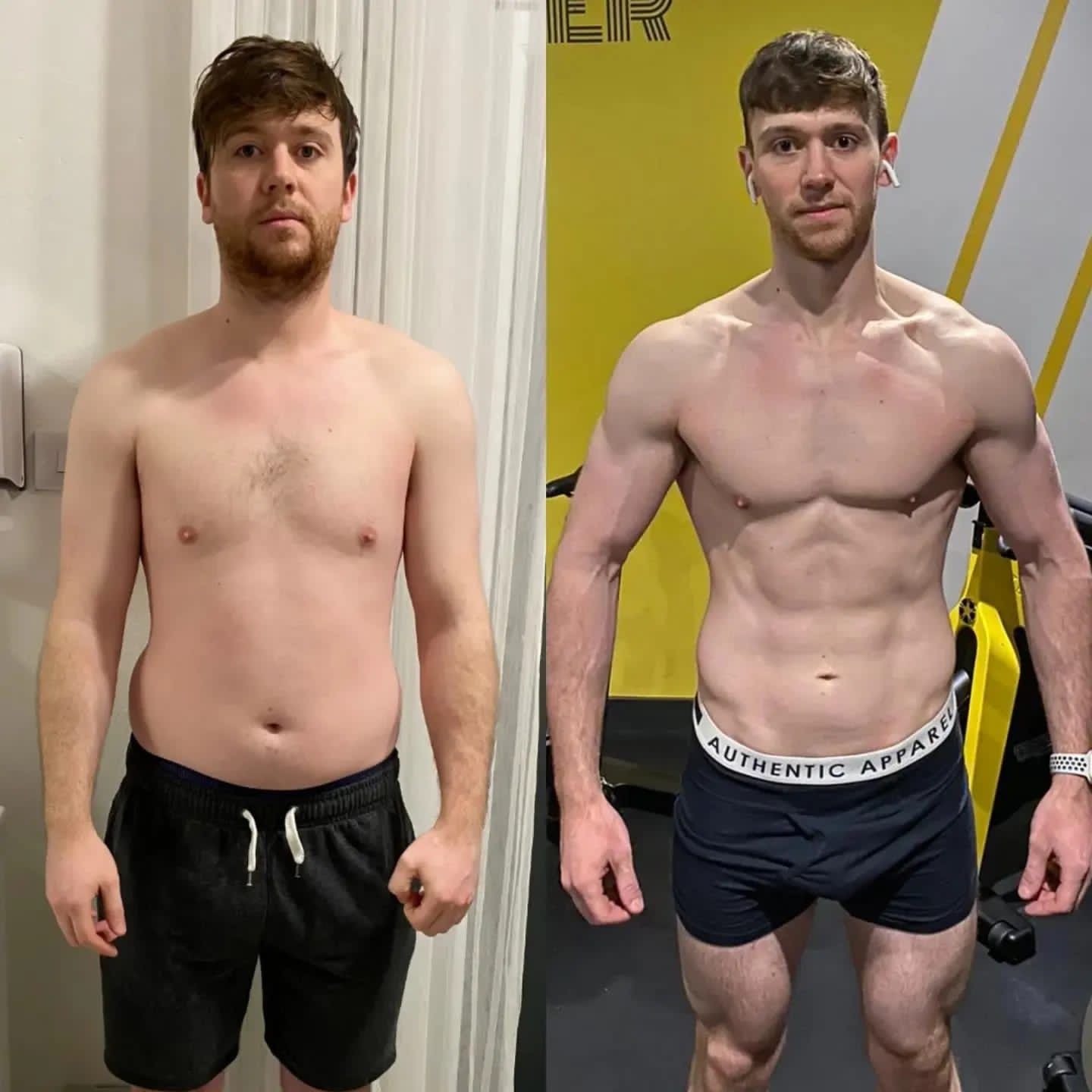 Before and after weight loss photos of a man. Left: shirtless, heavier. Right: muscular, in athletic wear.