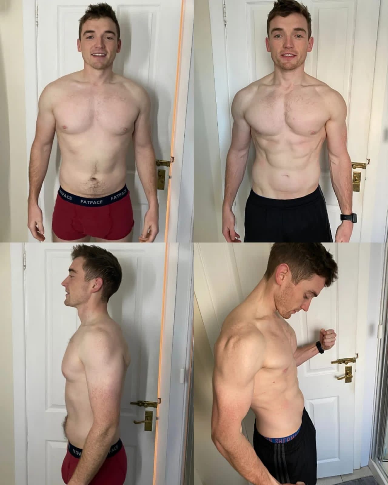 Man in underwear, before and after physique transformation. Gym door background. Shows chest, abs, arm muscle growth.