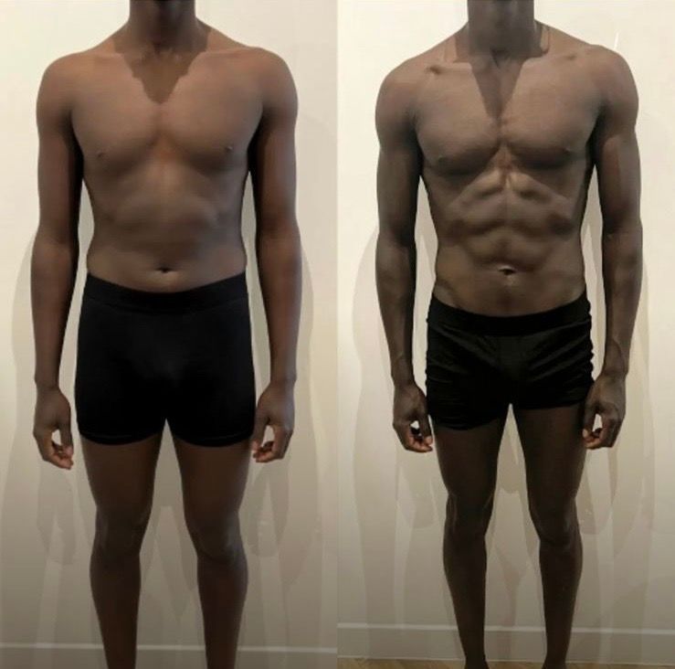 Side-by-side comparison of a man's body before and after. He is more muscular and toned in the after photo.