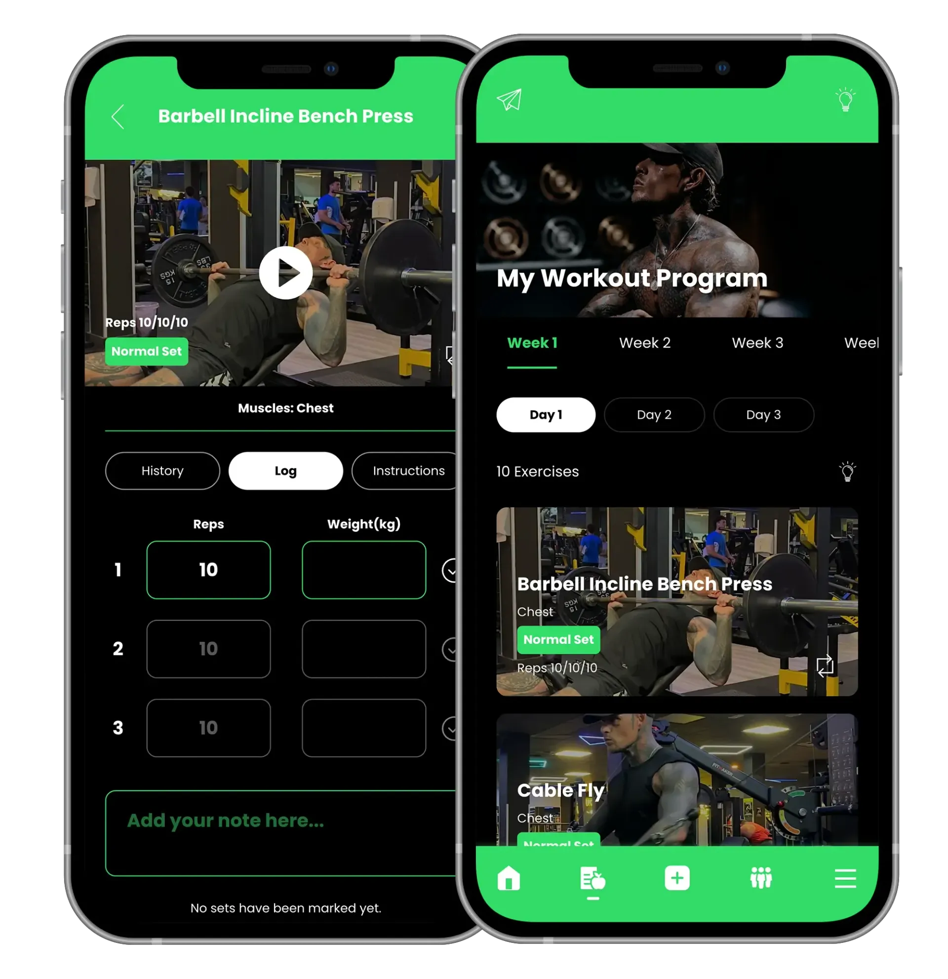 Two mobile phone screens showcasing a workout app with exercise videos, workout programs, and set/rep tracking.