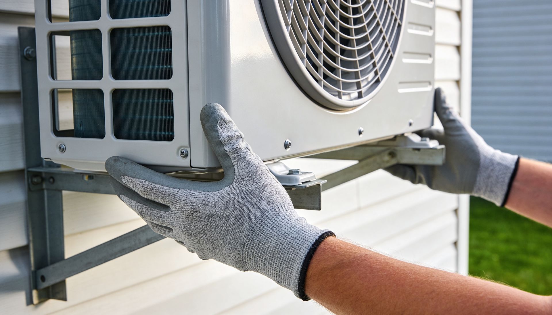 Close-up of air conditioning installation by a technician handling an outdoor AC pump. Close-up of air conditioning installation by a technician handling an outdoor AC pump.