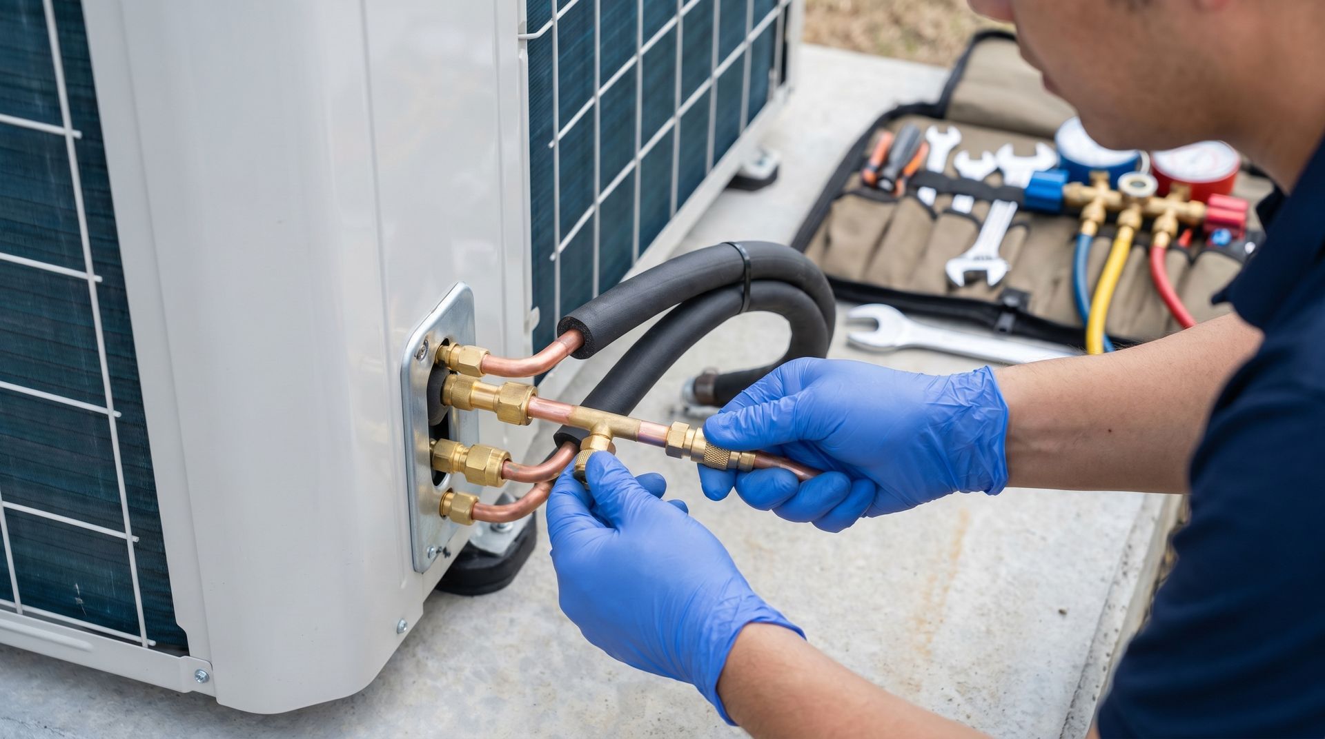 Professional air conditioning contractor installing copper coolant lines. Professional air conditioning contractor installing copper coolant lines.