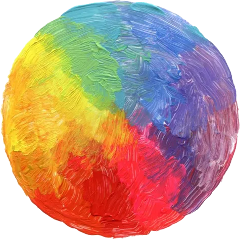 A circular painting featuring vibrant, textured brushstrokes in a spectrum of rainbow colors.