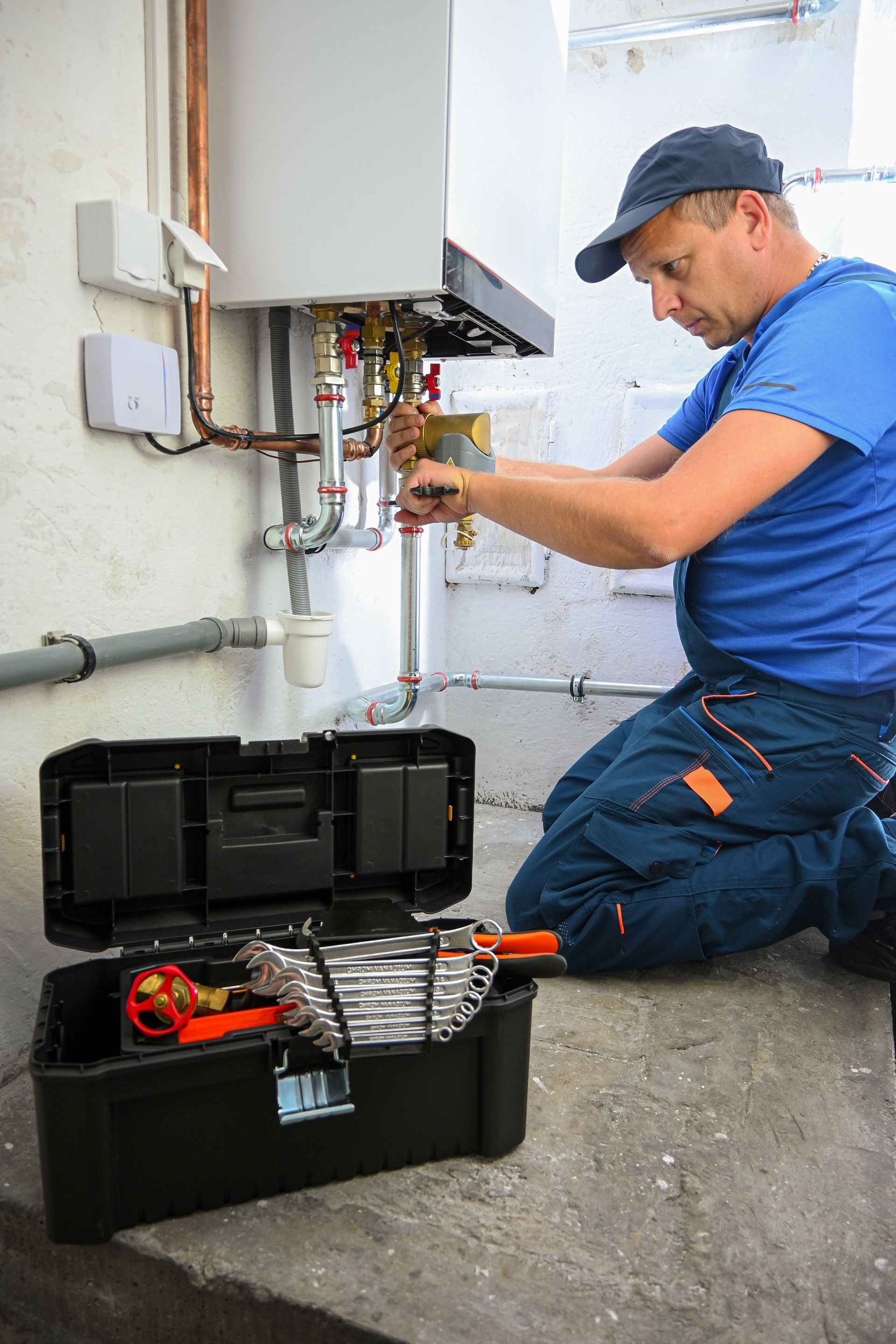 Plumber working on a heating boiler system. Plumber working on a heating boiler system.
