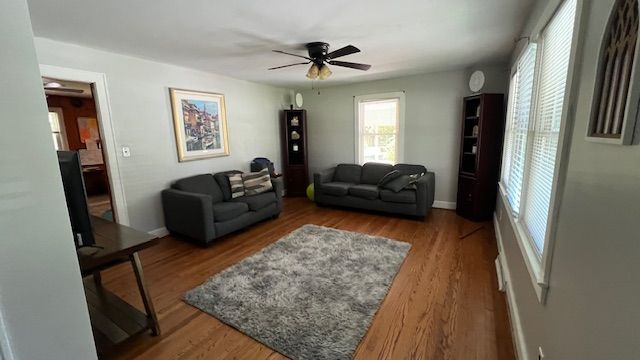 Living room with two gray sofas, rug, hardwood floors, and two bookshelves against light gray walls.