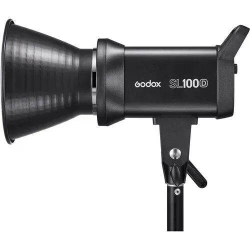 Godox SL100D studio LED light with a black reflector and stand mount