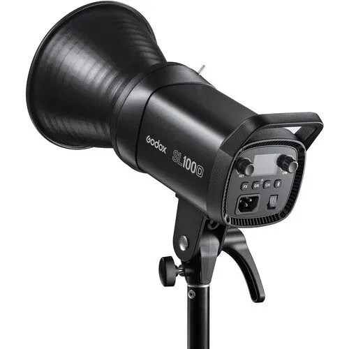 Studio strobe light with black reflector and digital control panel on a stand