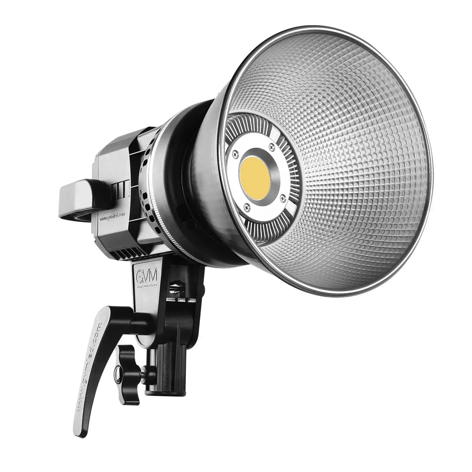 Studio flash light with silver reflector and mounting bracket on a white background