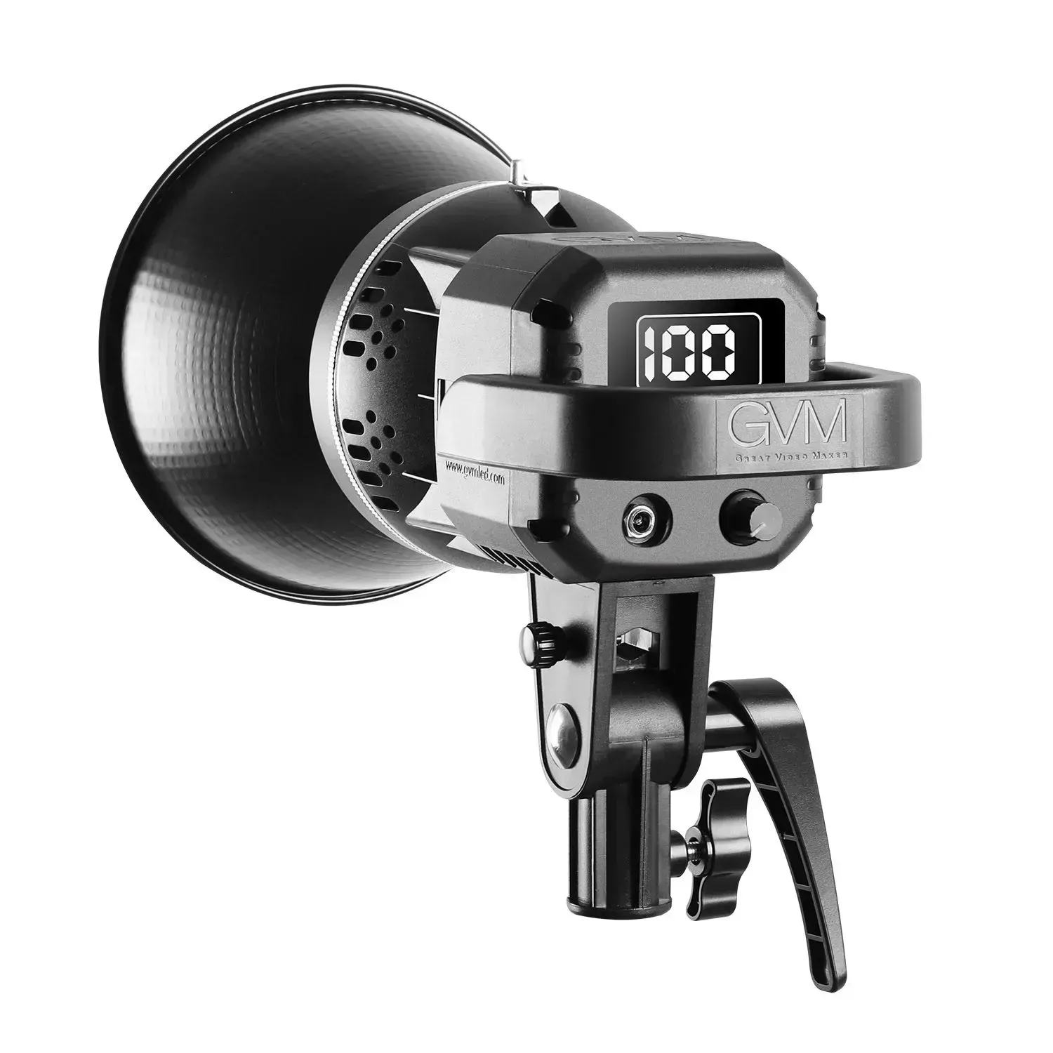 Black studio light with display and mounting bracket on a white background