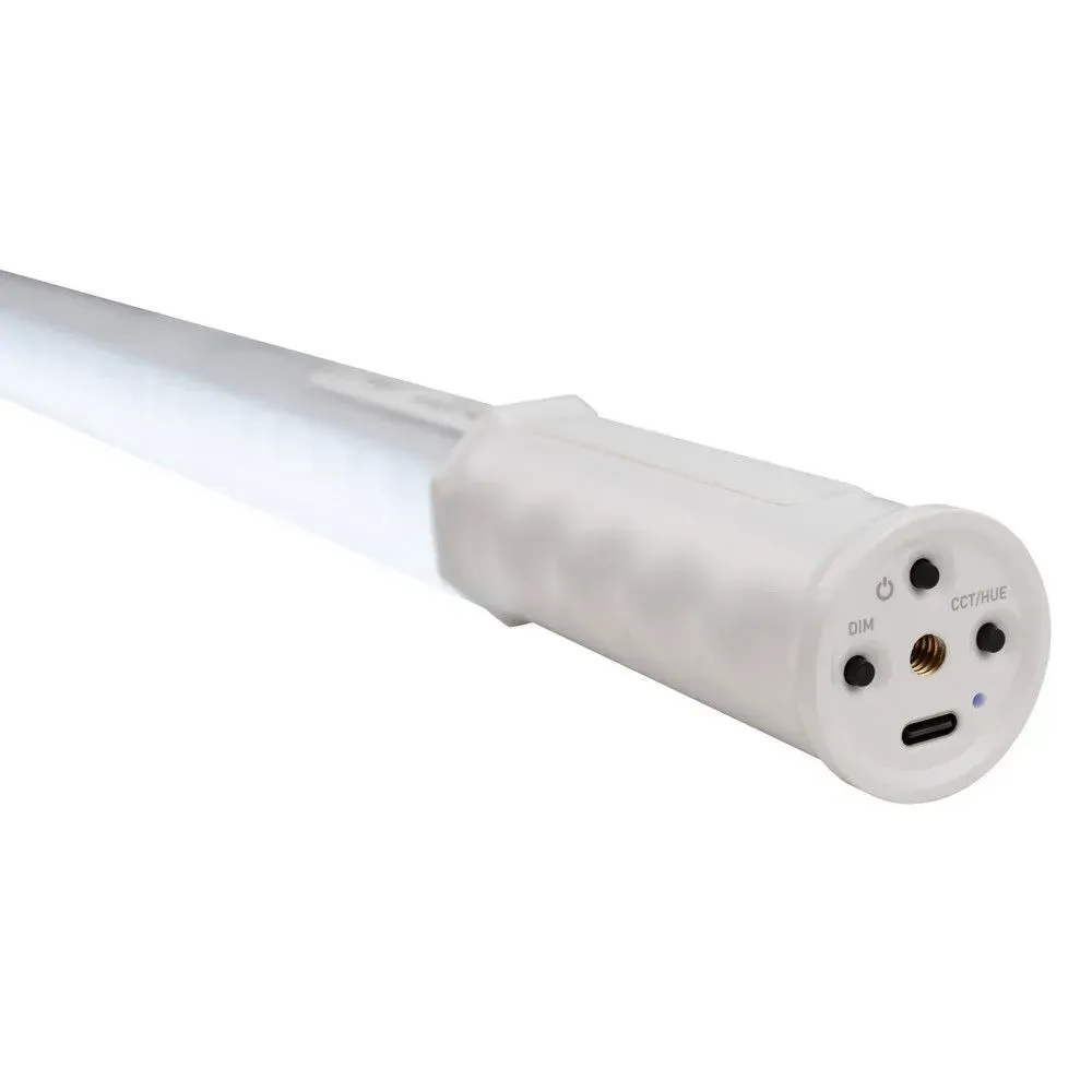 White LED tube light with a round end cap and electrical connector ports on a white background