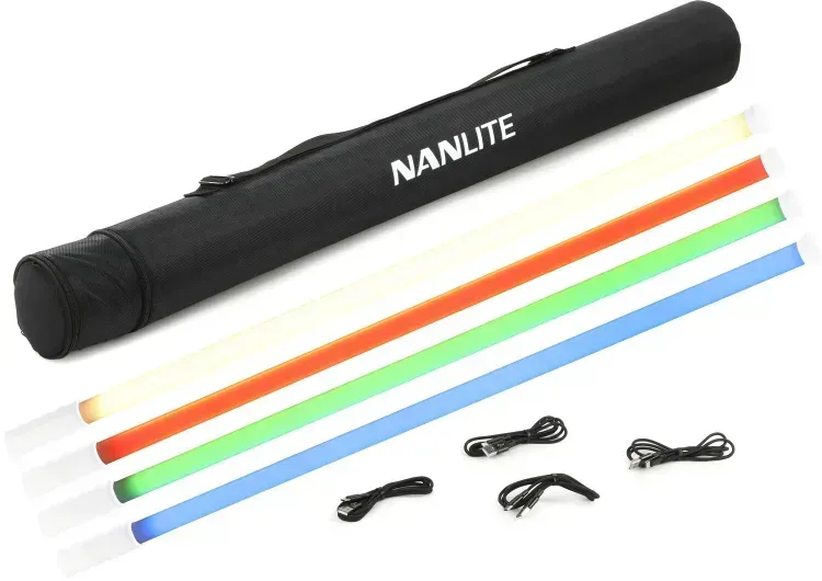 Nanlite light bag with four colored straps and carrying clips on a white background