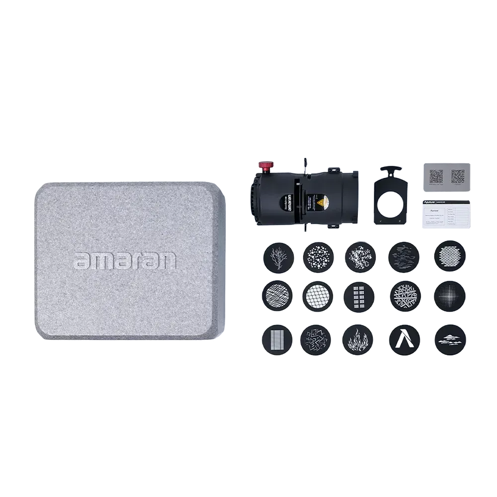 Amaran lighting kit with silver carry case, mount, and multiple circular modifiers/accessories