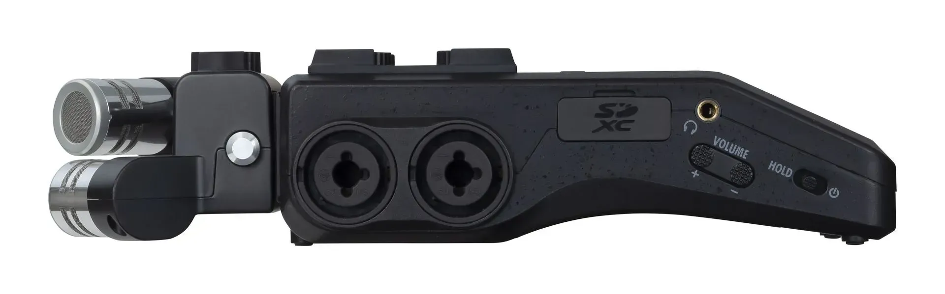 Black tactical folding knife with dual silver cylindrical attachments on the left side