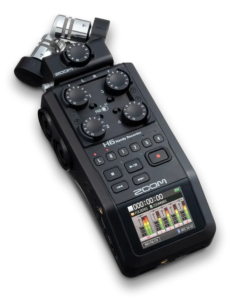 Black handheld audio recorder with multiple knobs, buttons, and a small color display showing level meters.