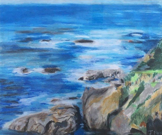 it is a painting of a cliff overlooking the ocean .