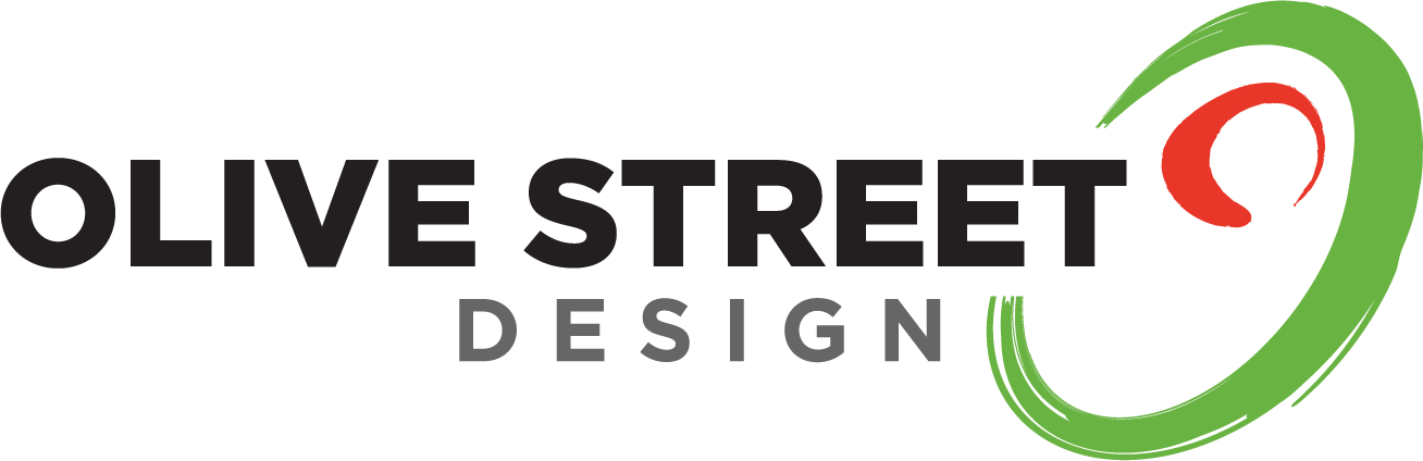 The logo for olive street design is a green and red circle.