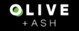 The logo for olive + ash is black and white with a green circle in the middle.