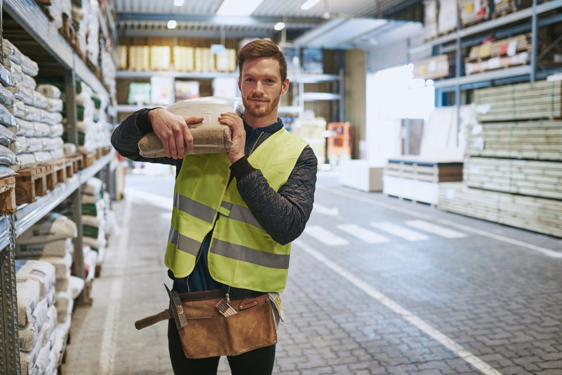 A man is carrying a bag of cement in a warehouse.