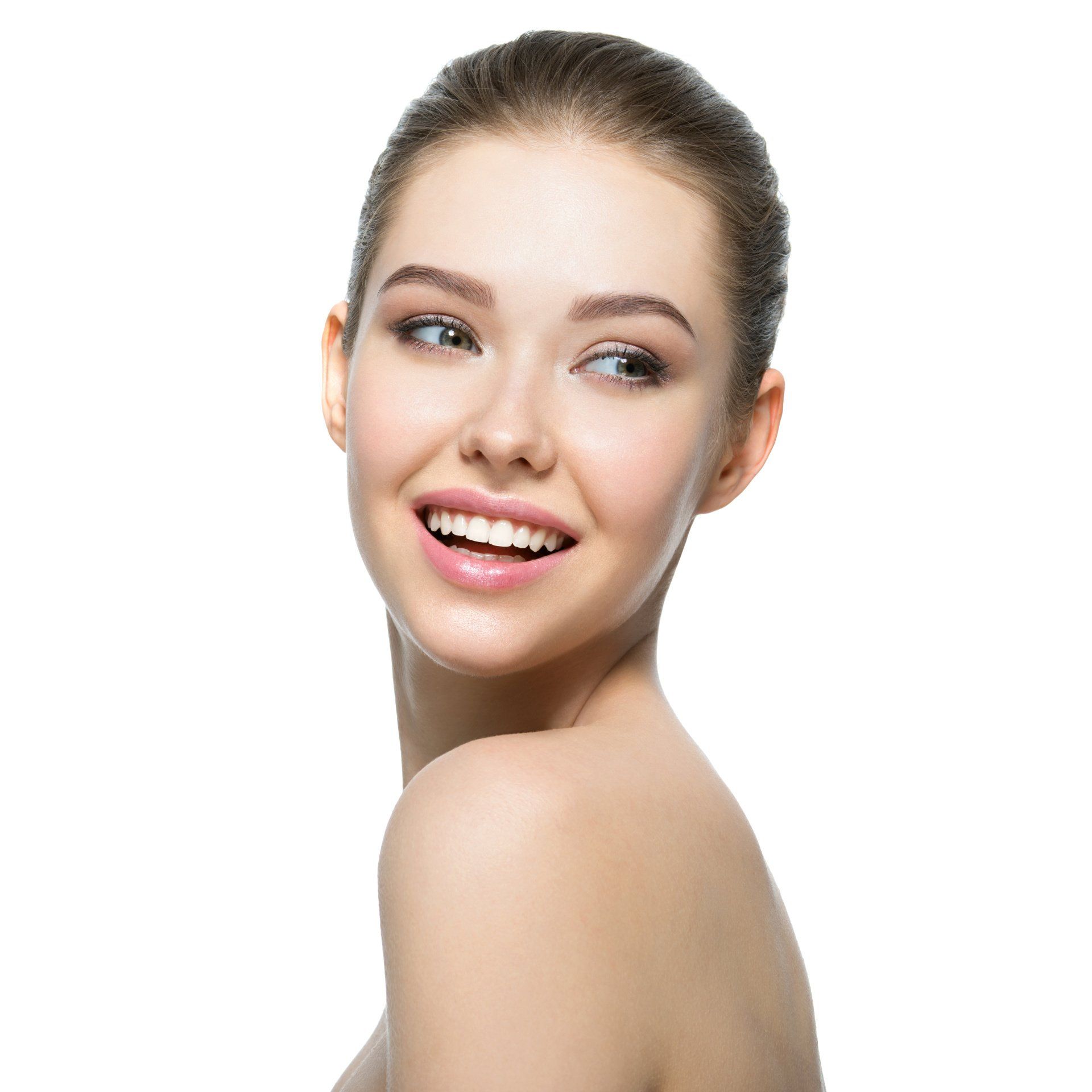 The woman is smiling and looking over her shoulder at the camera.