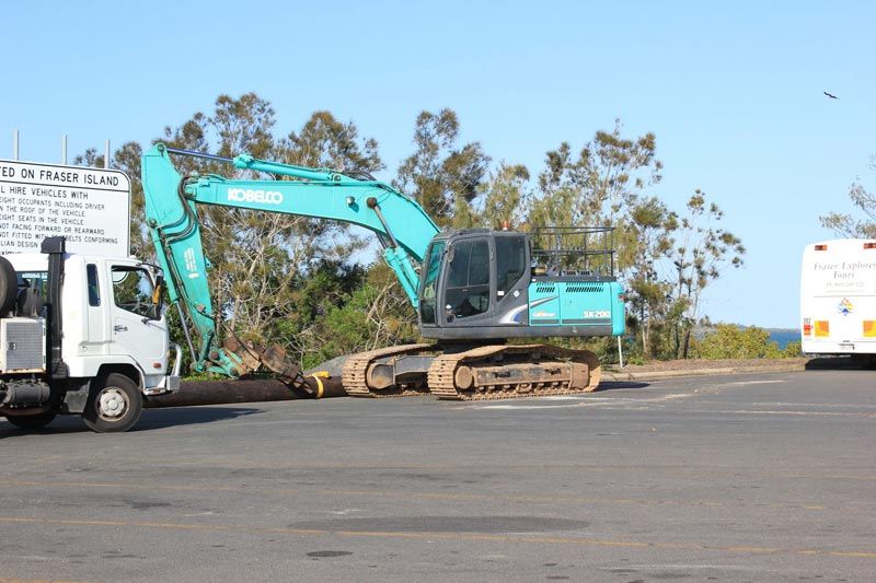 excavator on road in front of trees
