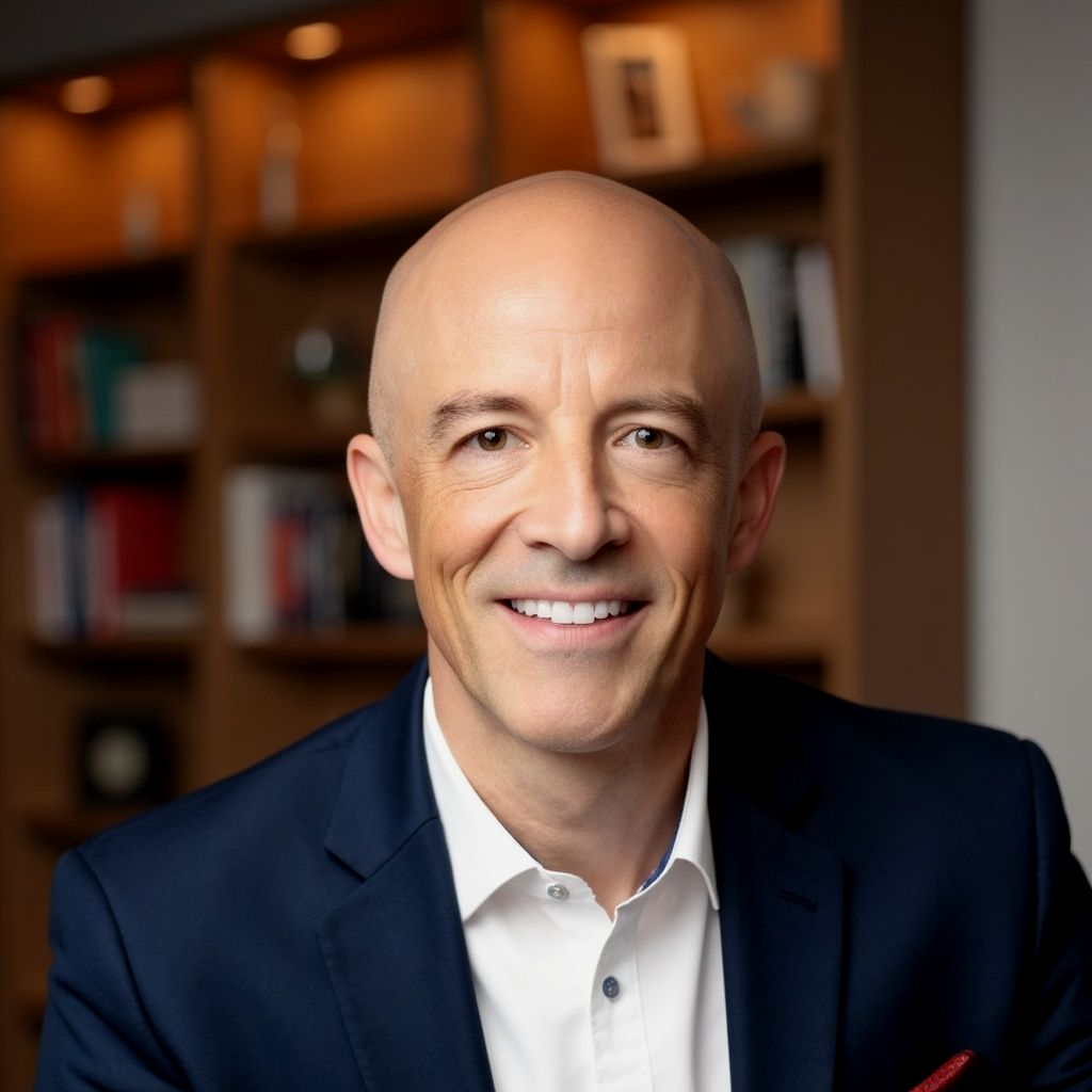 Bald man in a blue suit smiling, white shirt, red pocket square, bookshelf background.