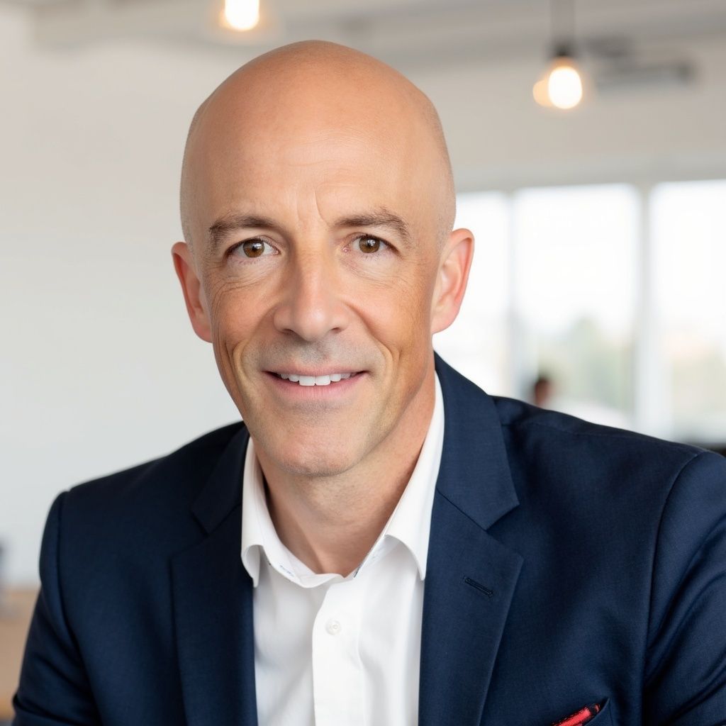 Bald man in navy blazer, white shirt, smiling in an office setting.