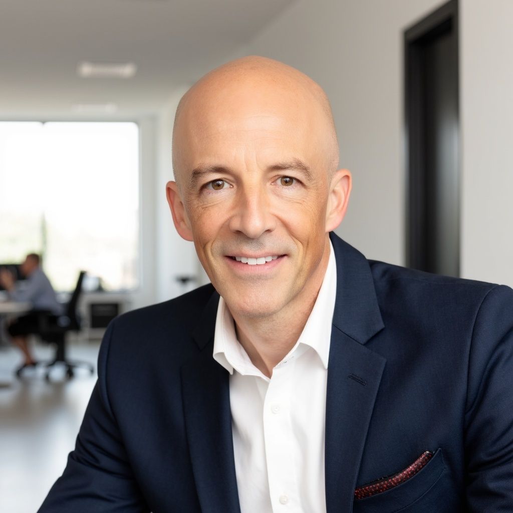 Michael Ceely in navy suit and white shirt smiling at the camera in an office setting.