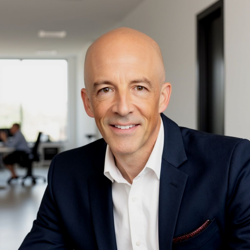 Bald man in navy blazer, white shirt, smiling in an office setting.