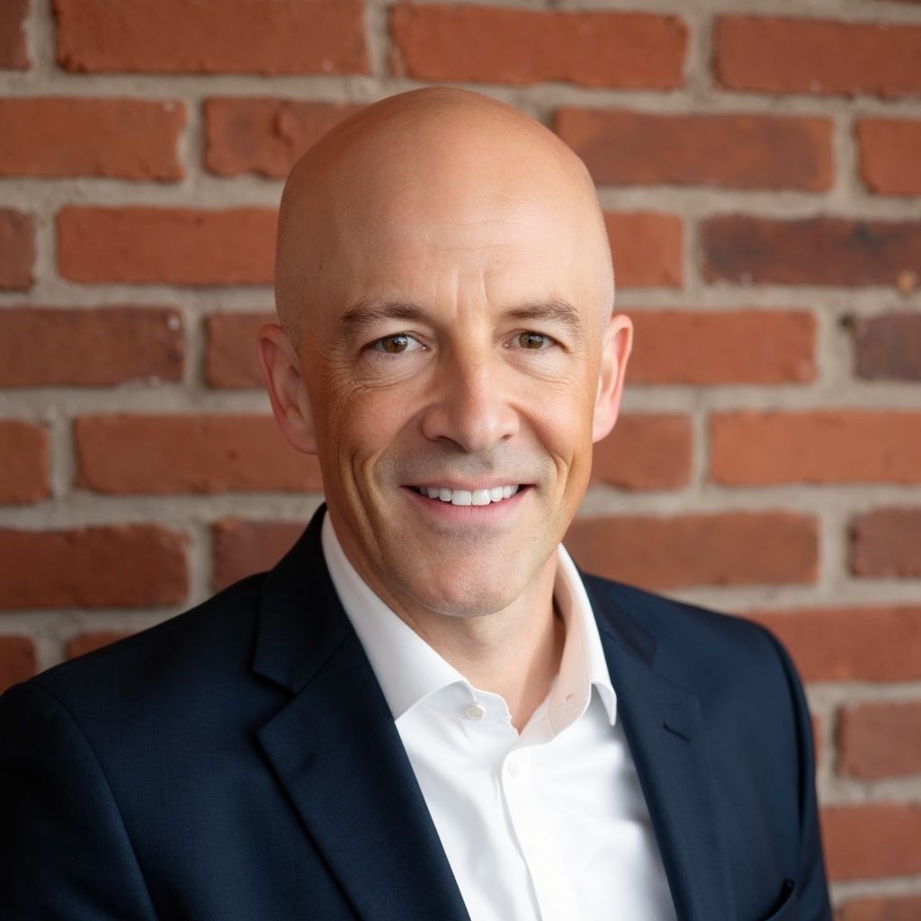 Bald man smiling in a blue suit jacket and white shirt against a brick wall background.