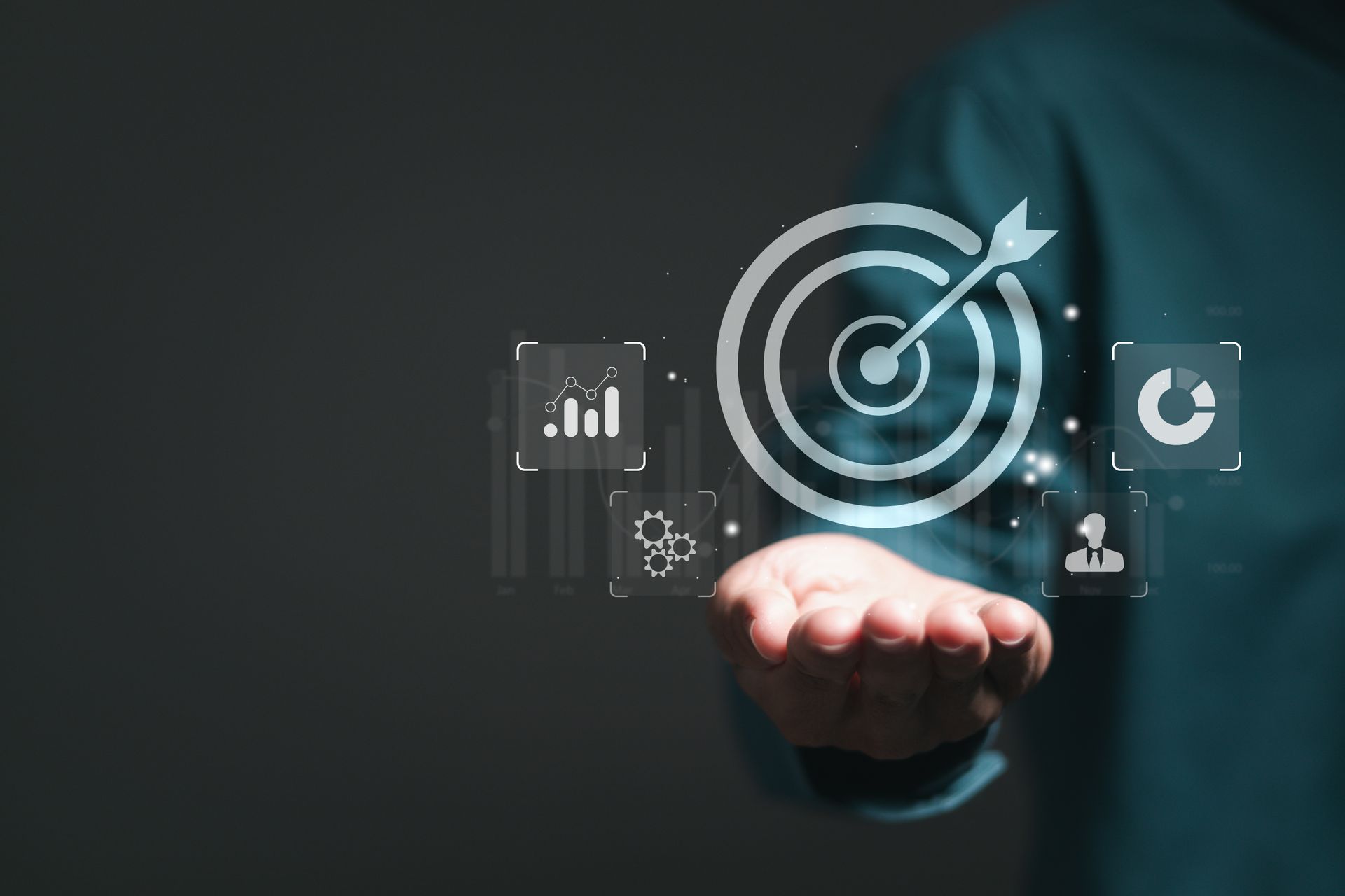Person holding a floating target with an arrow at the center. Digital icons indicating goals and data.