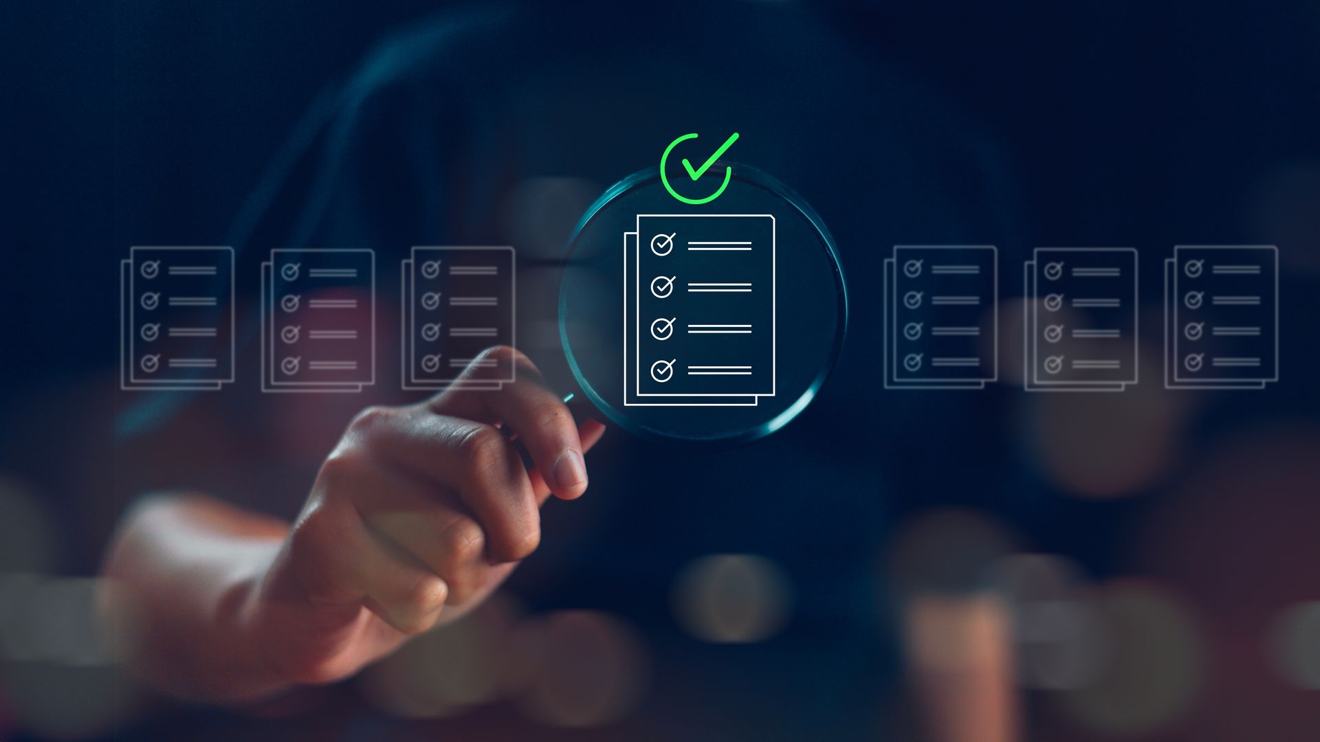 Person interacting with a digital checklist interface; a glowing green checkmark confirms completion.