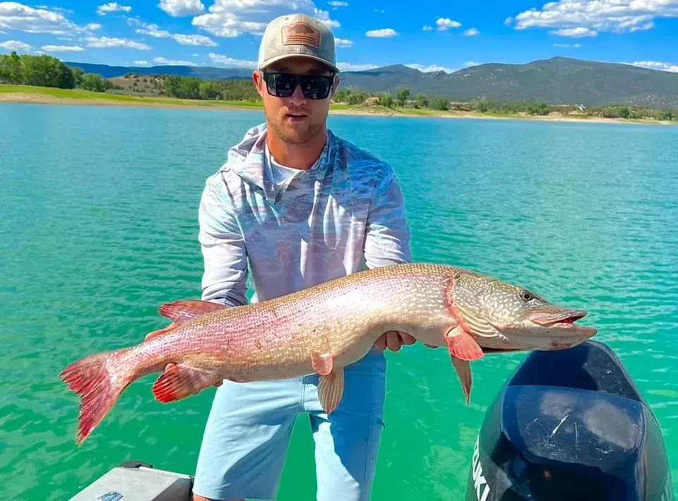 Man holding a large, reddish-colored fish on a boat in a turquoise lake with mountains in the background.