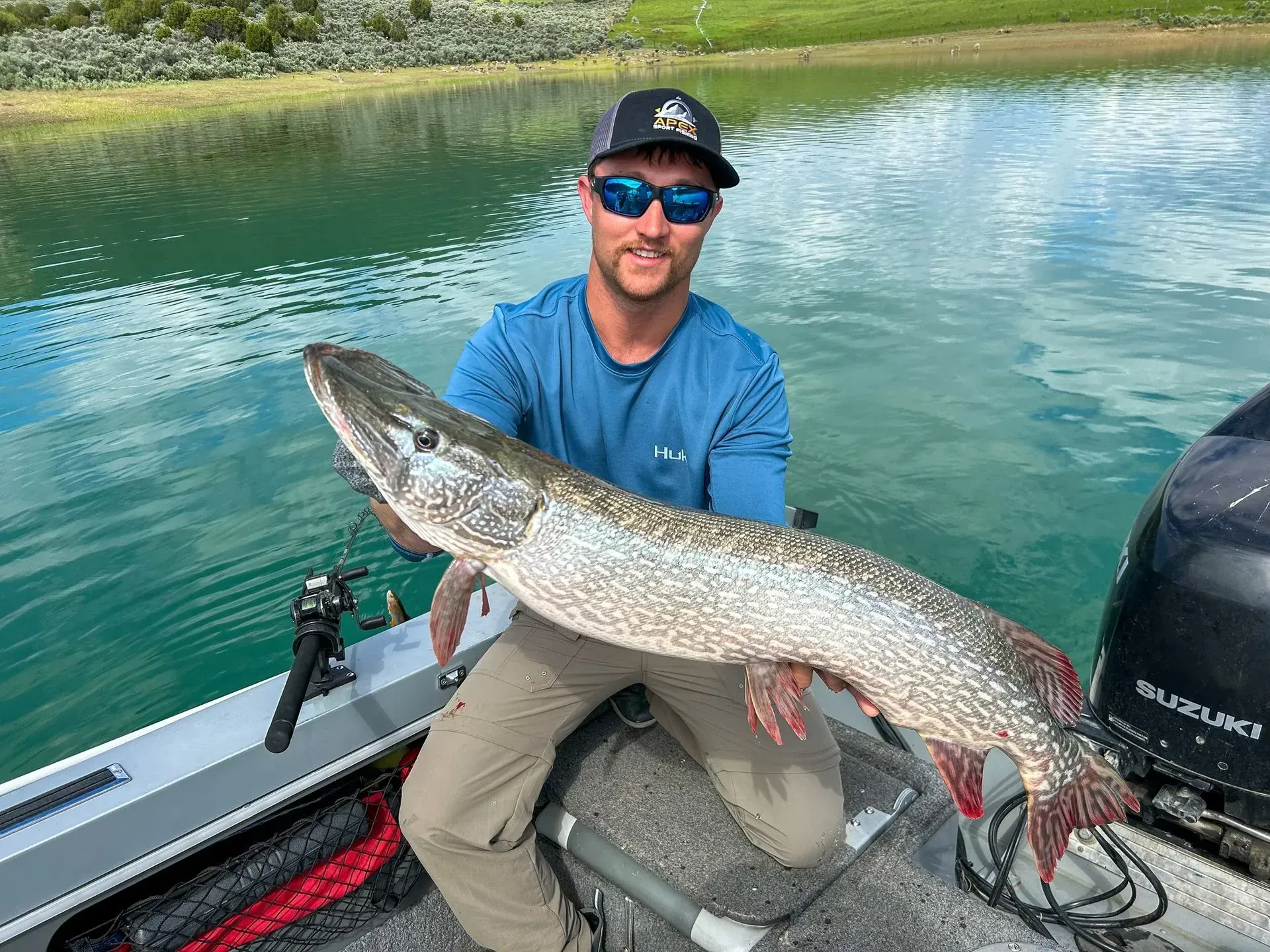 Man on a boat, holding a large fish. He smiles, wearing a cap, blue shirt, and sunglasses. Turquoise water and a green shore.