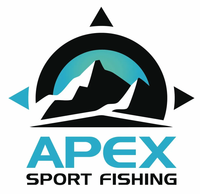Logo: Black and teal compass-like design with a mountain, "APEX SPORT FISHING" text.