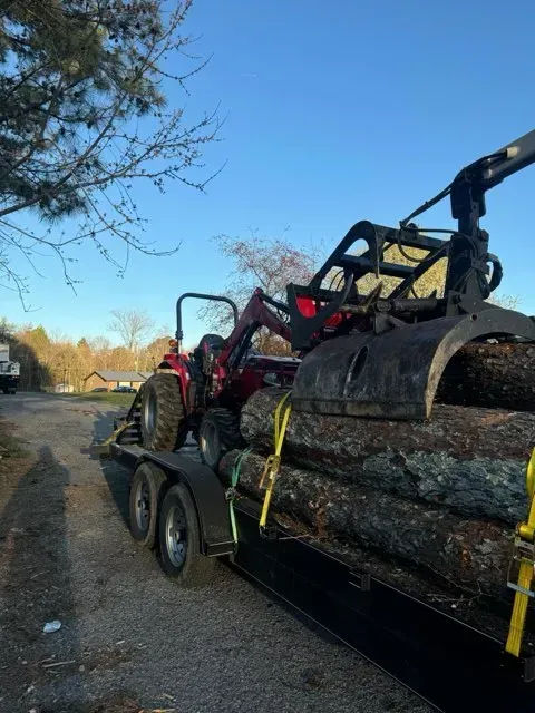 A tractor is carrying logs on a trailer.