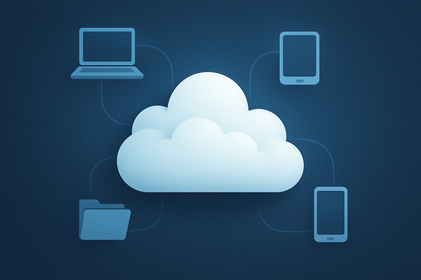 A light blue cloud icon connected to a laptop, tablet, smartphone, and file folder on a dark blue background.