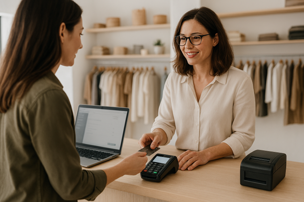 Customer paying at a boutique checkout while the cashier enters the sale on a card reader.