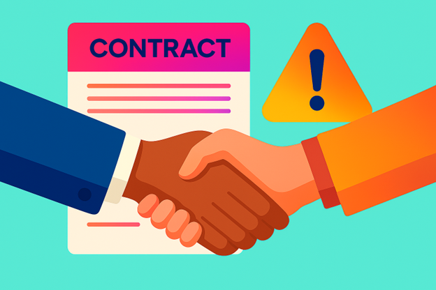 Handshake beside contract document and warning icon on teal background
